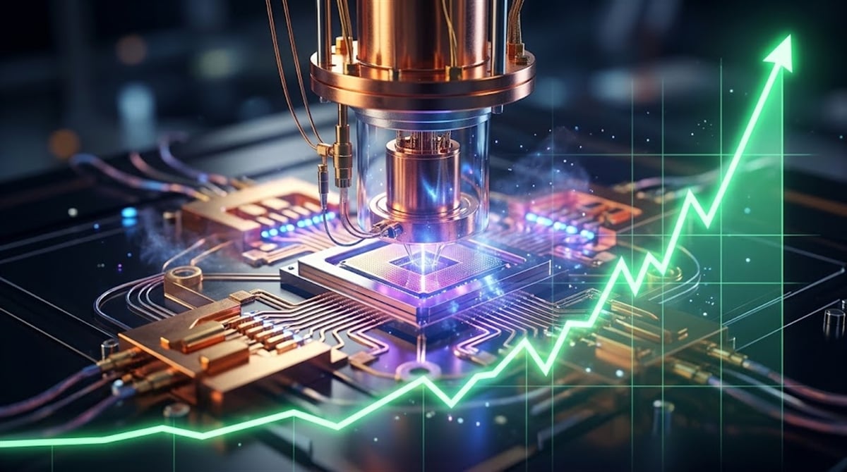 Illustration of a quantum computing processor overlaid with an upward-trending green stock chart.
