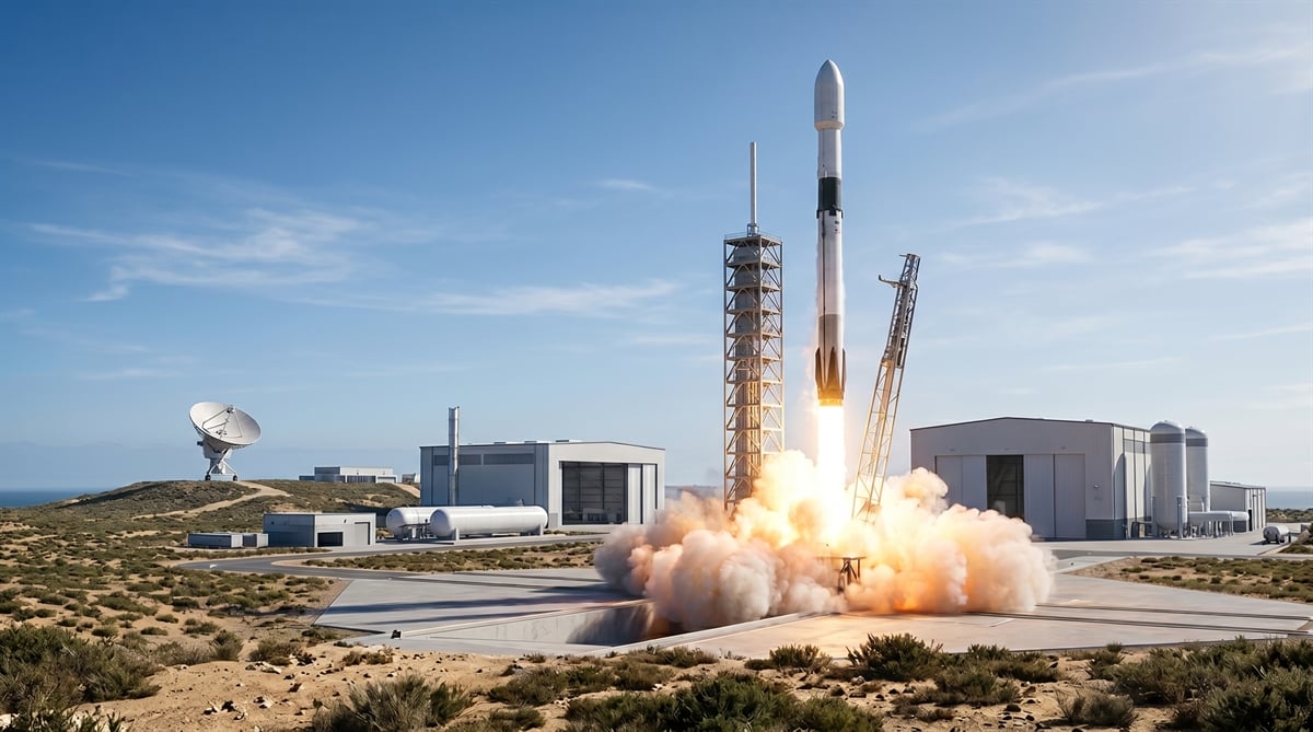 A rocket launches from a coastal launch pad surrounded by ground support facilities and satellite dishes.