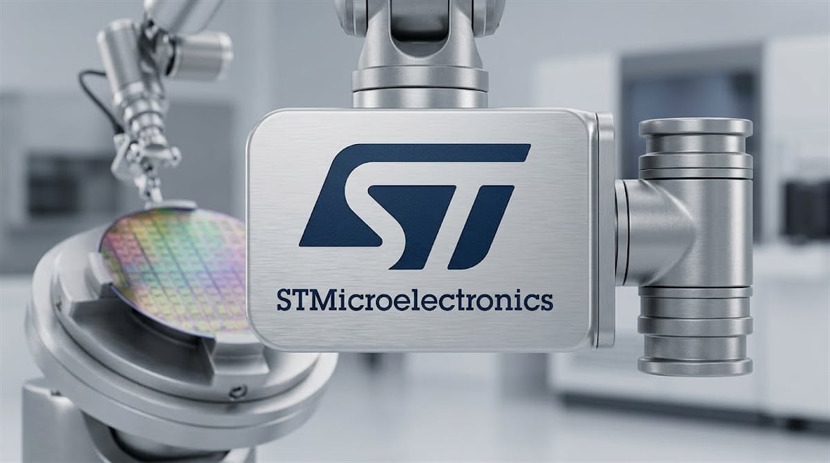 STMicroelectronics logo on a metal panel beside a robotic arm holding a semiconductor wafer in a cleanroom setting.