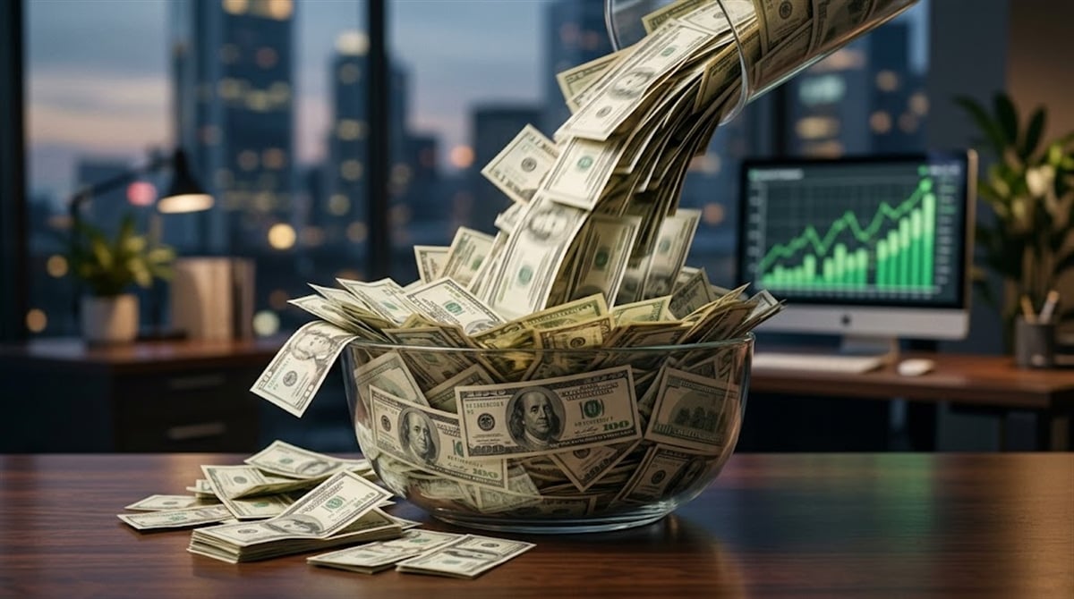 U.S. hundred-dollar bills pouring into a glass bowl on a desk, with a rising stock chart visible on a monitor in the background.