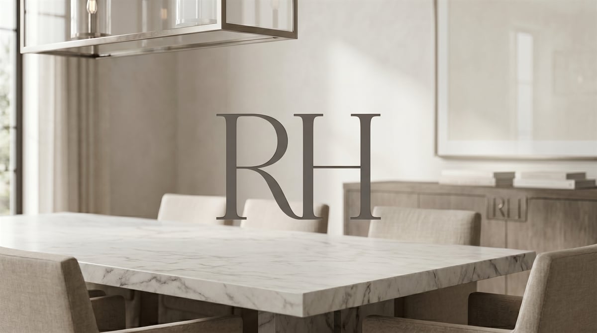 RH logo overlaid on a styled dining room featuring a marble-top table and upholstered chairs.