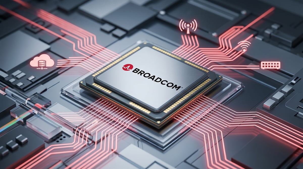 Illustrated Broadcom semiconductor chip on a circuit board with glowing red data-connection lines.