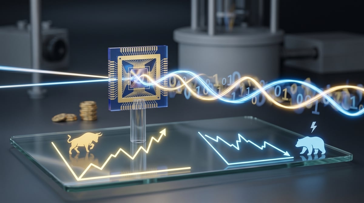 A stylized illustration of a semiconductor chip flanked by bull and bear market chart graphics with binary data waves.