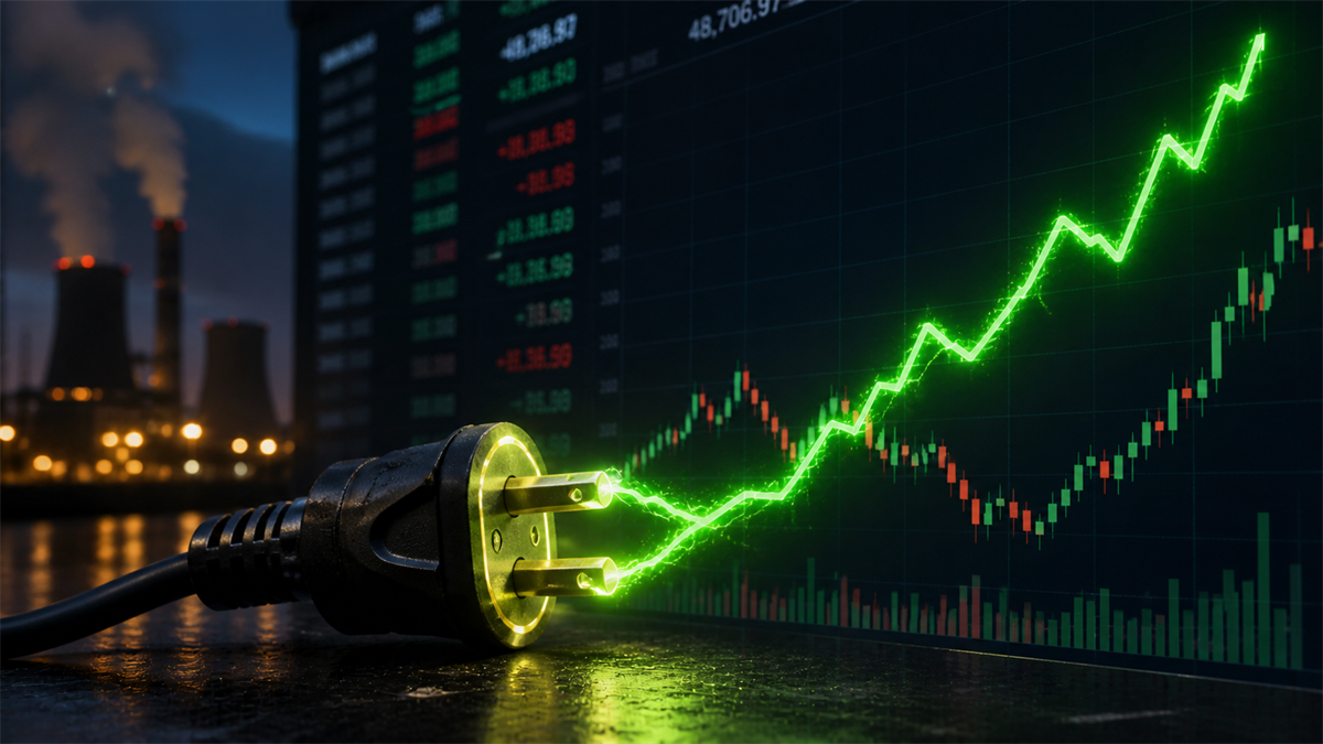 Glowing stock chart powered by electricity, symbolizing AI-driven energy demand boosting energy stocks.