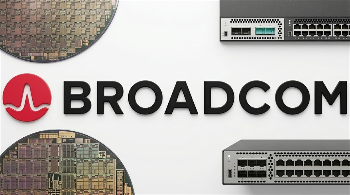 Broadcom logo displayed alongside semiconductor wafers and network switching hardware products.