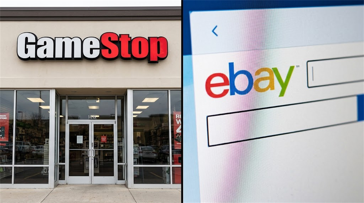 A GameStop retail store exterior alongside a close-up of the eBay website logo and search bar.