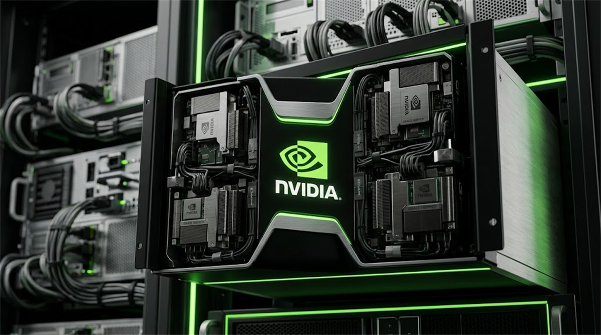 An NVIDIA-branded server unit with green LED lighting is mounted in a data center rack.