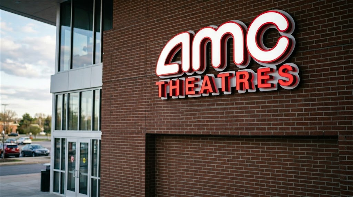 AMC Theatres illuminated signage on the brick exterior of a movie theater building.