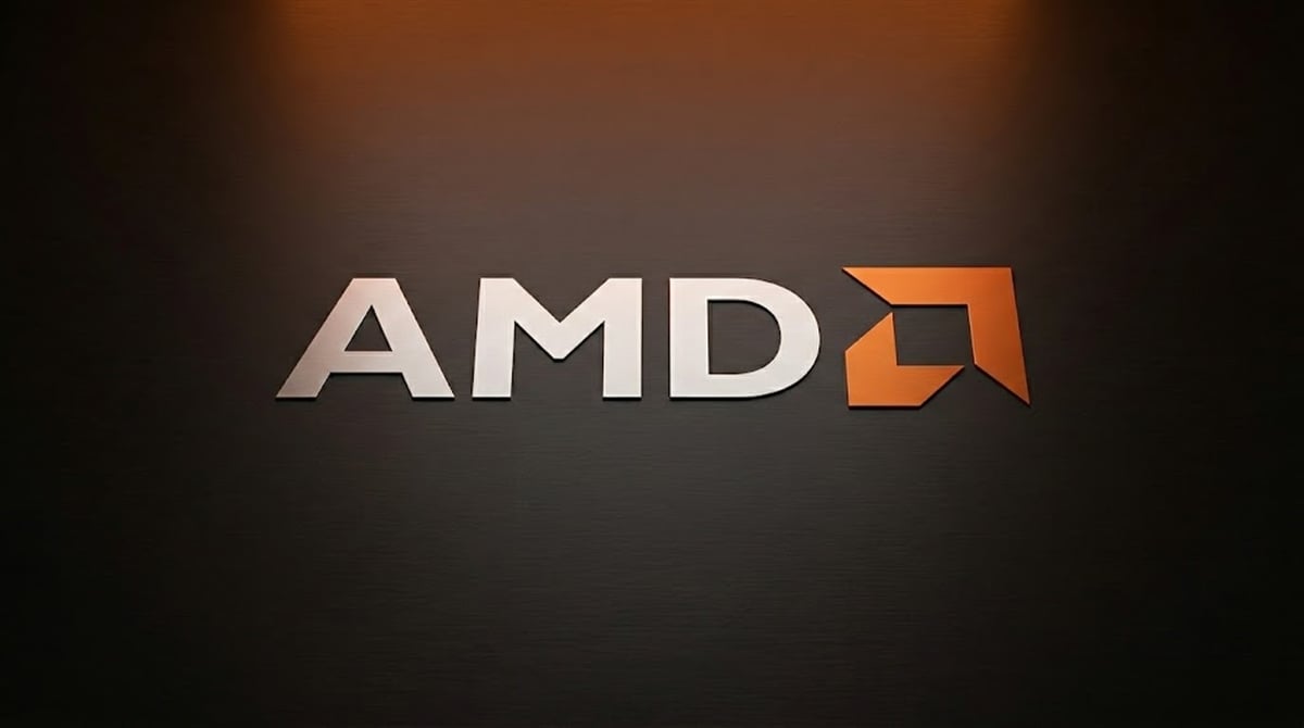 AMD logo displayed on a dark brushed-metal surface with the company's orange arrow icon.