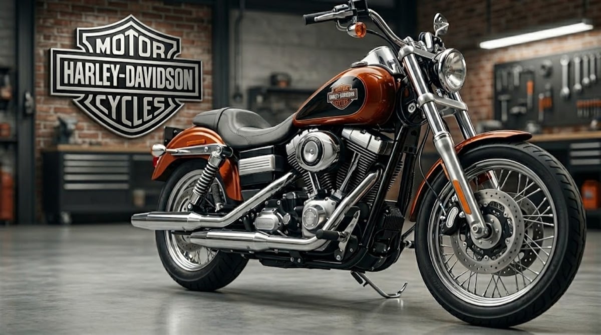 A Harley-Davidson motorcycle with chrome detailing is displayed in a garage alongside the company's logo.