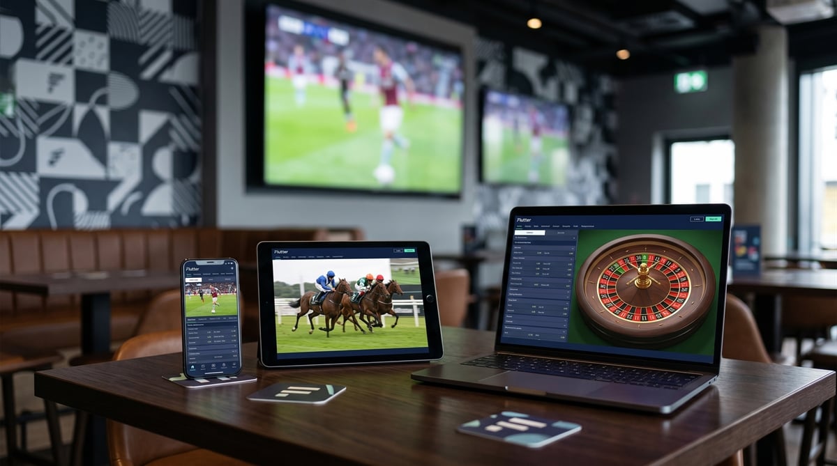 Flutter-branded smartphone, tablet, and laptop displaying sports betting and roulette interfaces in a bar setting.