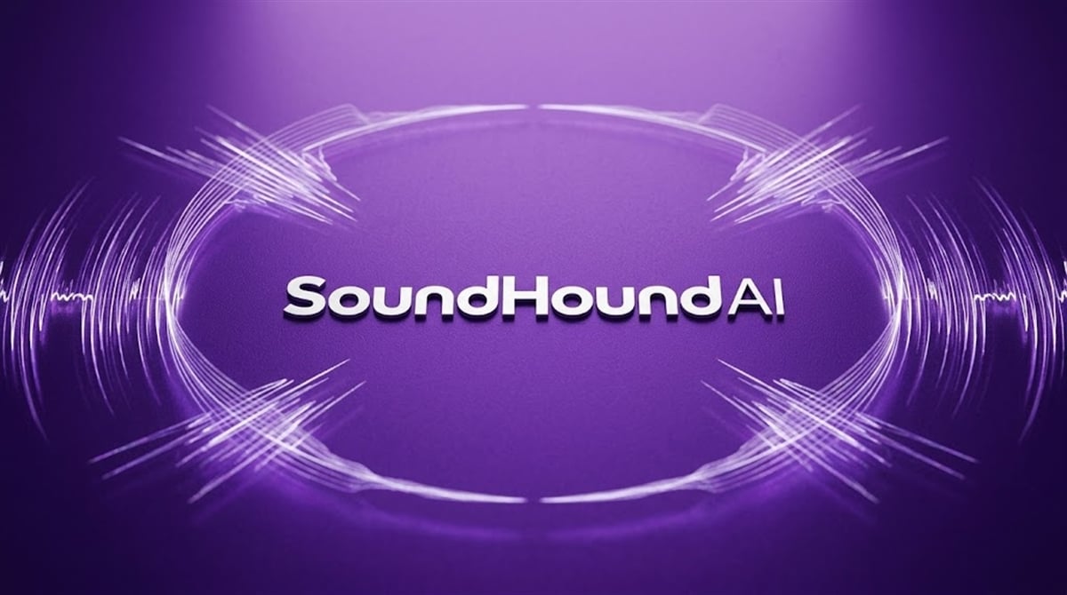 SoundHound AI logo displayed against a purple background with abstract audio waveform graphics.