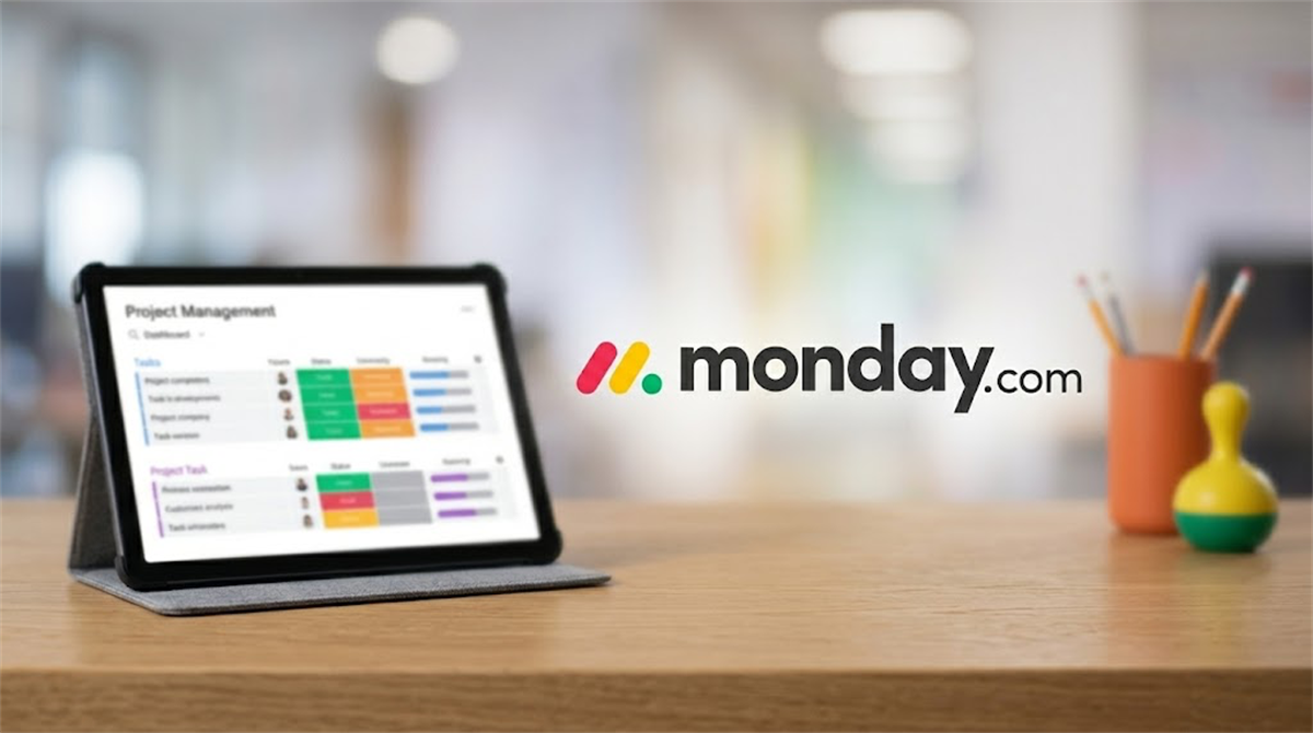 Monday.com logo displayed beside a tablet showing a project management dashboard on a desk.