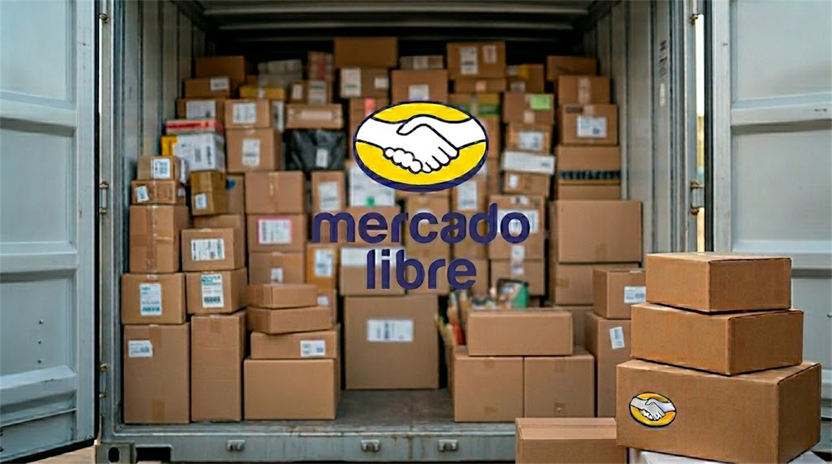 The Mercado Libre logo overlaid on a delivery truck filled with stacked cardboard shipping packages.