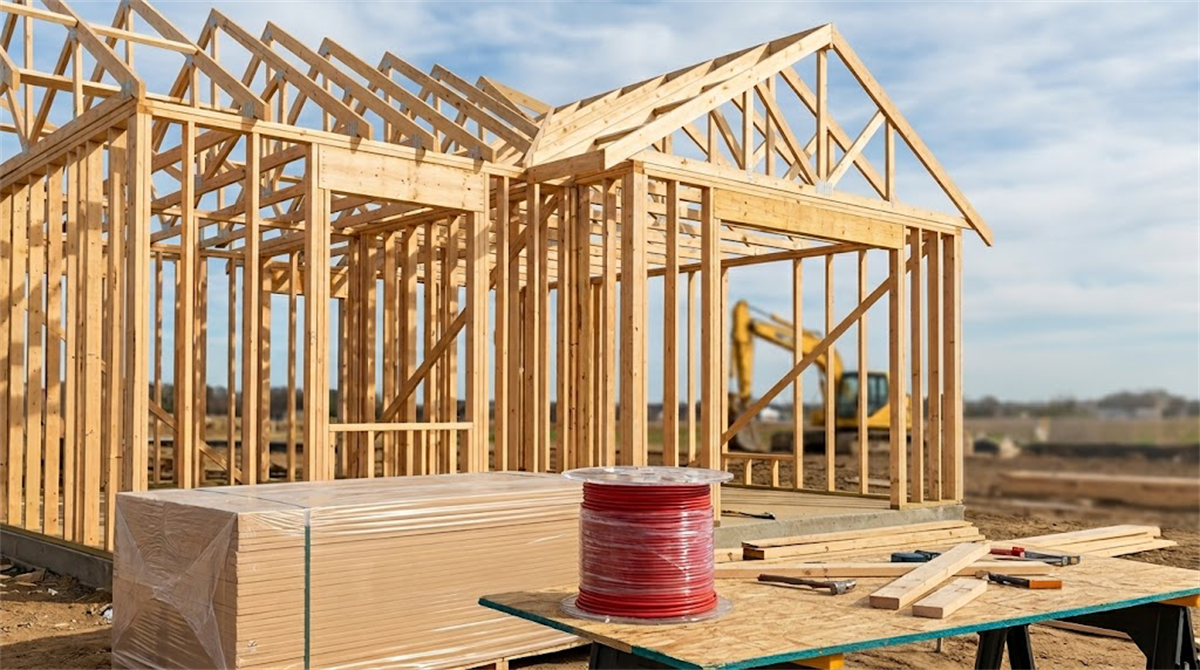 Wooden framing of a residential home under construction at an active building site.