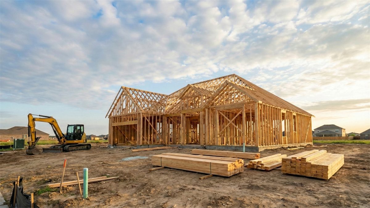A wood-framed residential home under construction with stacked lumber and an excavator on a dirt lot.