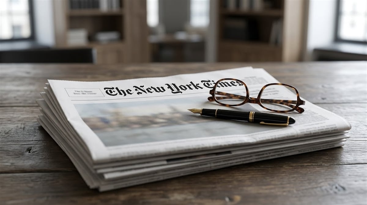 A stack of The New York Times newspapers rests on a wooden desk alongside a fountain pen and reading glasses.