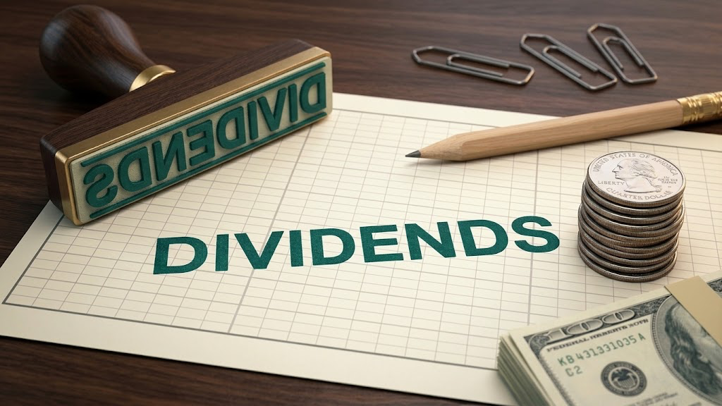 A rubber stamp reading "Dividends" rests beside a stamped document, stacked coins, and US currency.