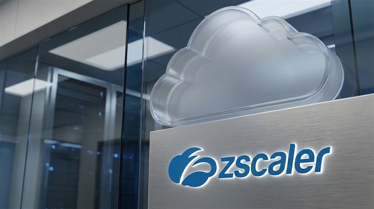 Zscaler logo and cloud icon displayed on a brushed metal sign outside a modern office building.