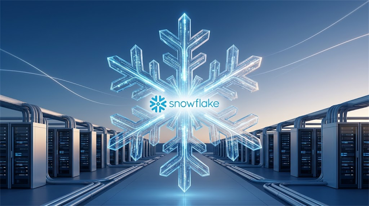 Snowflake logo displayed over a glowing snowflake graphic set against a data center background.