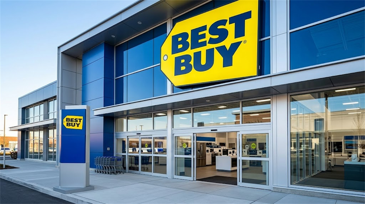 Exterior of a Best Buy retail store location featuring the company's yellow and blue logo signage.
