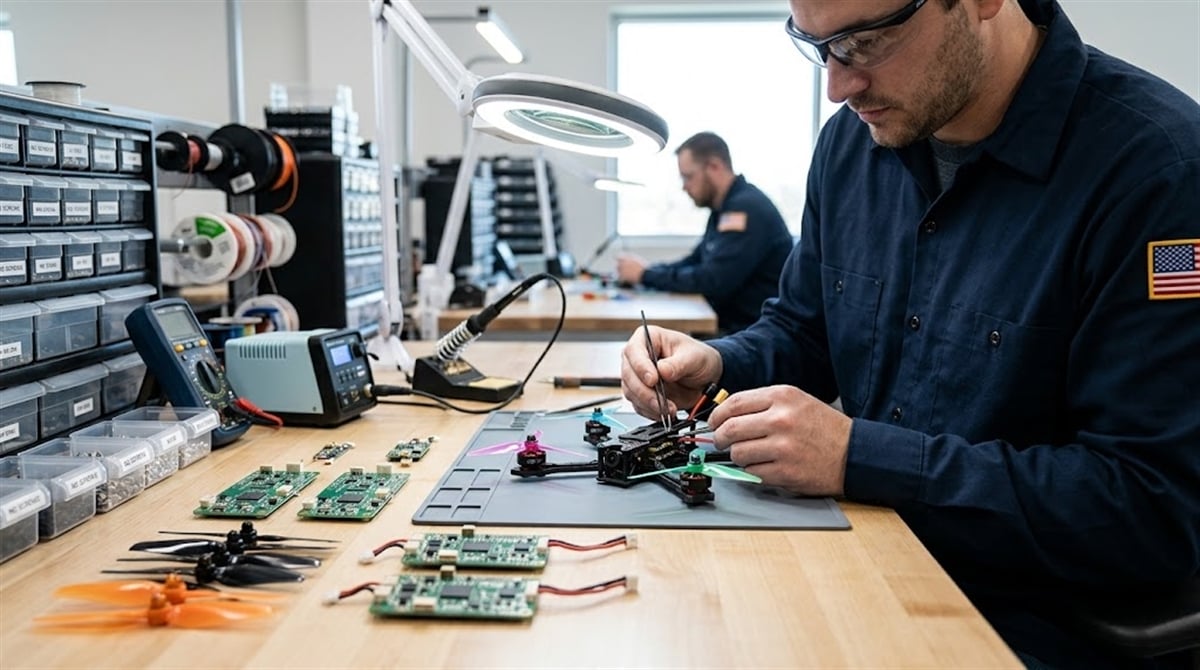 A technician assembles a small drone on a workbench in an electronics manufacturing facility.