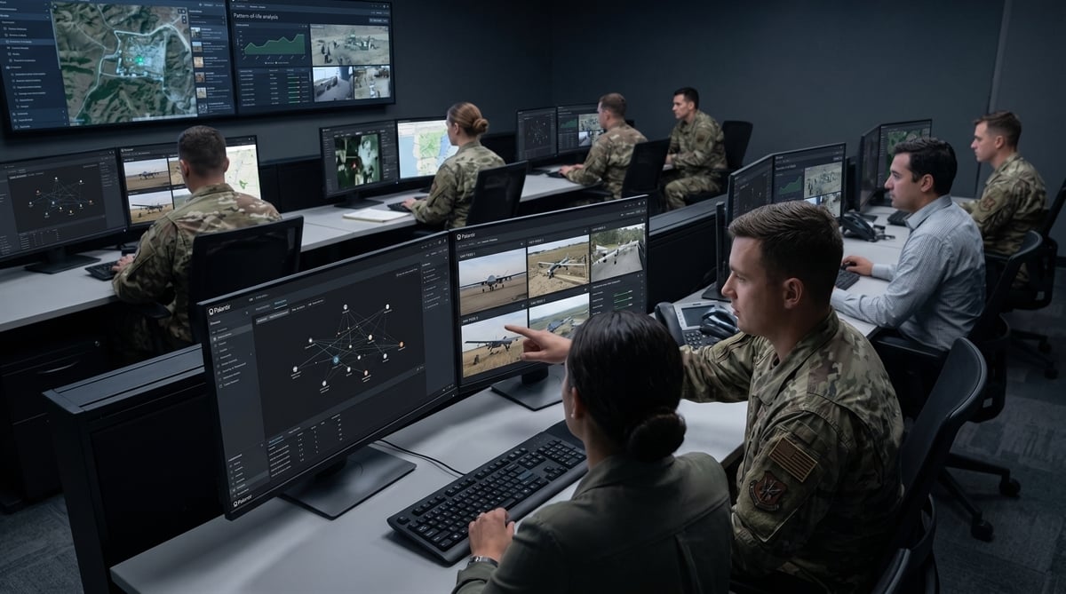 Military personnel work at a Palantir software operations center with multiple surveillance monitors.