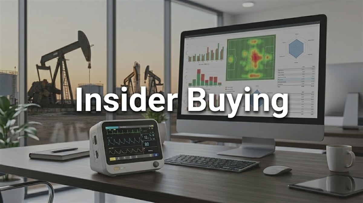 Illustration representing insider buying, featuring a desktop with financial charts and oil pump jacks visible in the background.