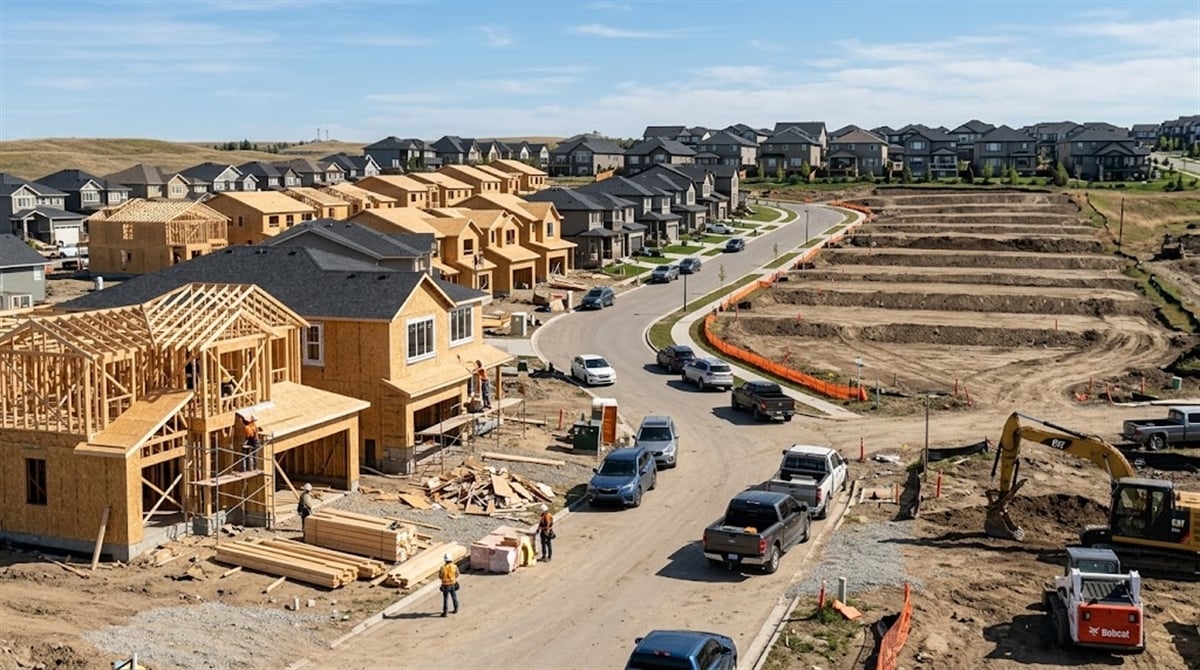 Aerial view of a residential housing development under construction with workers, equipment, and framed homes.