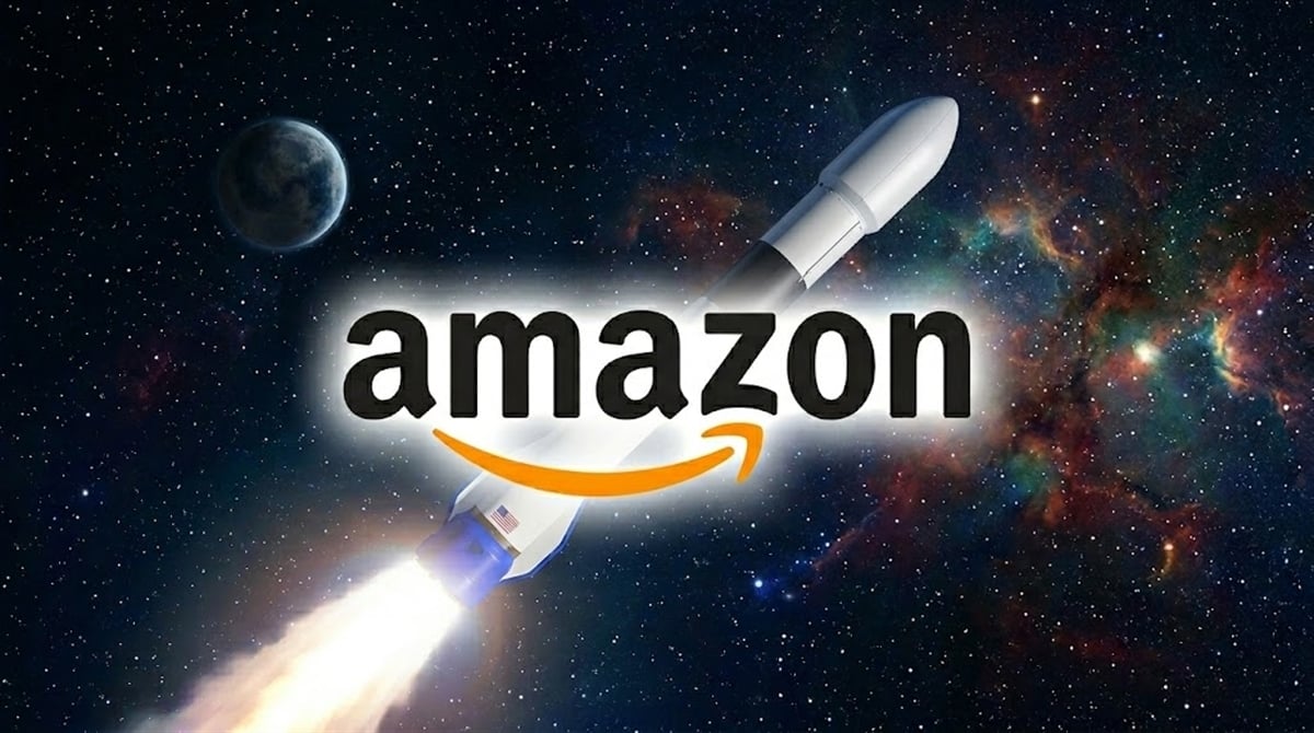 Amazon logo overlaid on an illustrated rocket launching through a star-filled space backdrop.