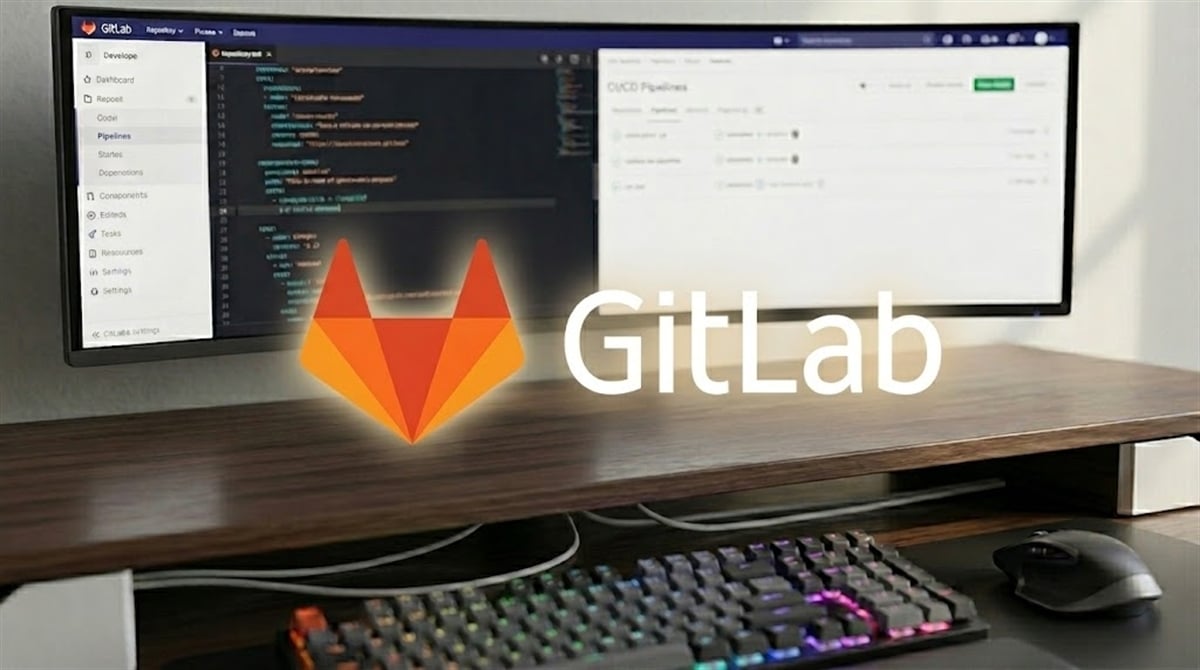 The GitLab logo is displayed in front of a desktop monitor showing the GitLab CI/CD Pipelines interface.