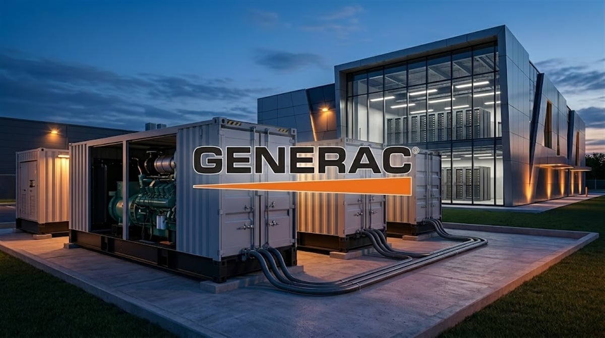Generac logo overlaid on a containerized generator unit outside a data center at dusk.