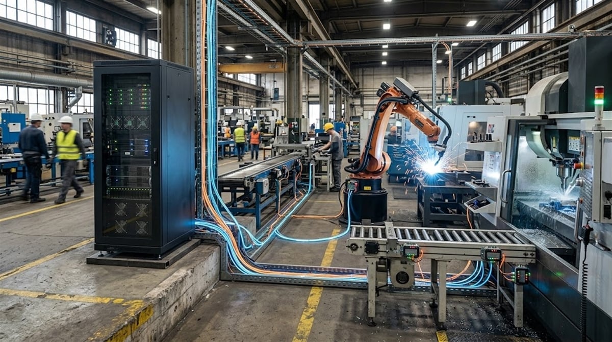 An industrial robotic arm performs welding on a factory floor alongside workers and automated machinery.