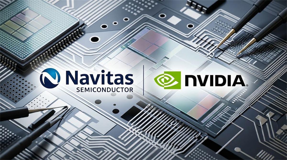 Navitas Semiconductor and Nvidia logos displayed over a stylized semiconductor circuit board background.
