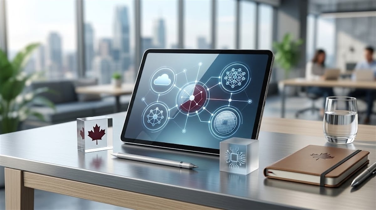 A tablet displaying a technology network diagram sits on a desk alongside a Canadian maple leaf icon in an office setting.