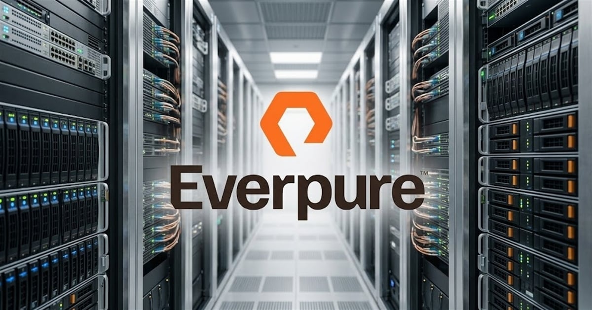 Everpure logo overlaid on a data center corridor lined with server racks.
