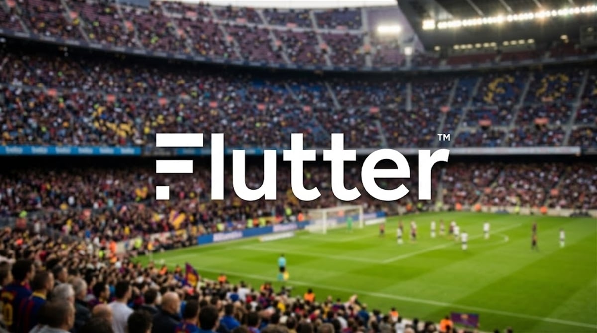 Flutter Entertainment logo overlaid on a blurred image of a packed soccer stadium.