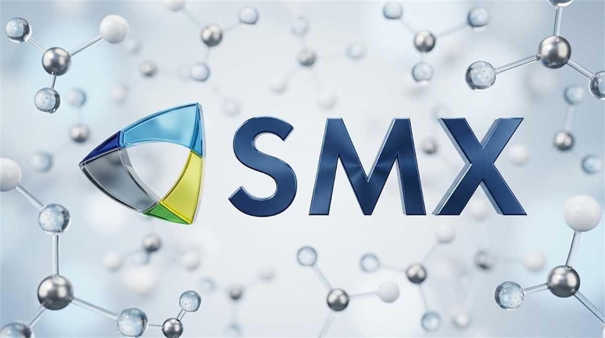 SMX logo displayed against a background of molecular structure models.