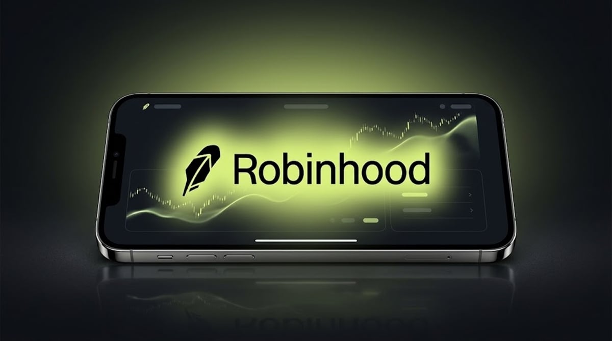 A smartphone displays the Robinhood logo alongside a glowing green stock chart graphic.