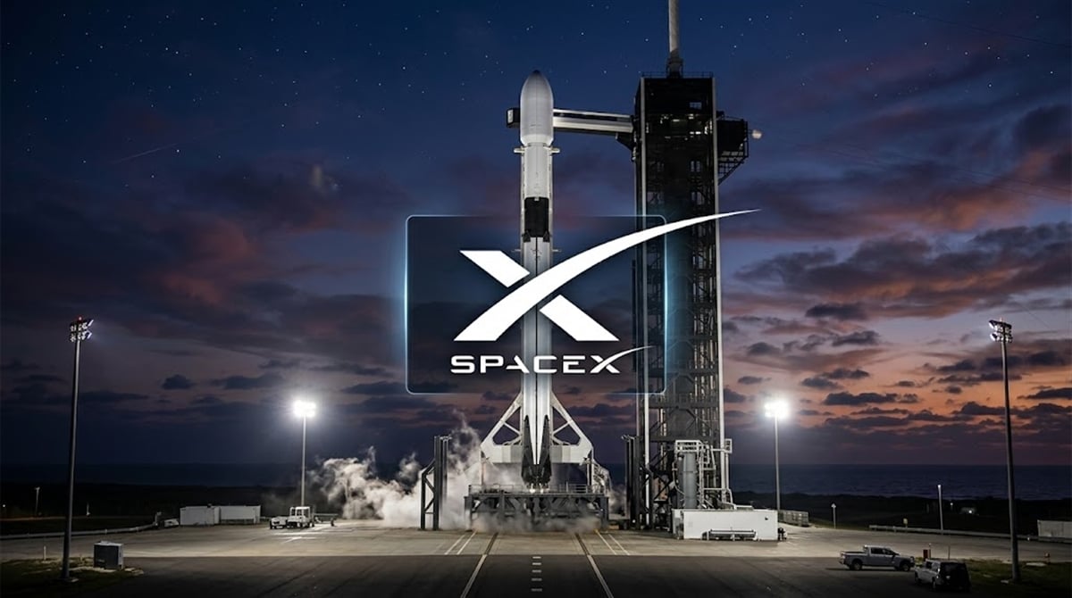 SpaceX logo overlaid on a Falcon 9 rocket on a launch pad at dusk.