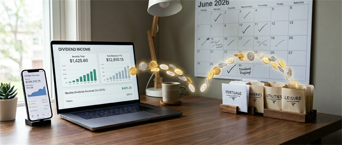 A desk setup showing a laptop with a dividend income dashboard, a smartphone, budget envelopes, and a June 2026 calendar.