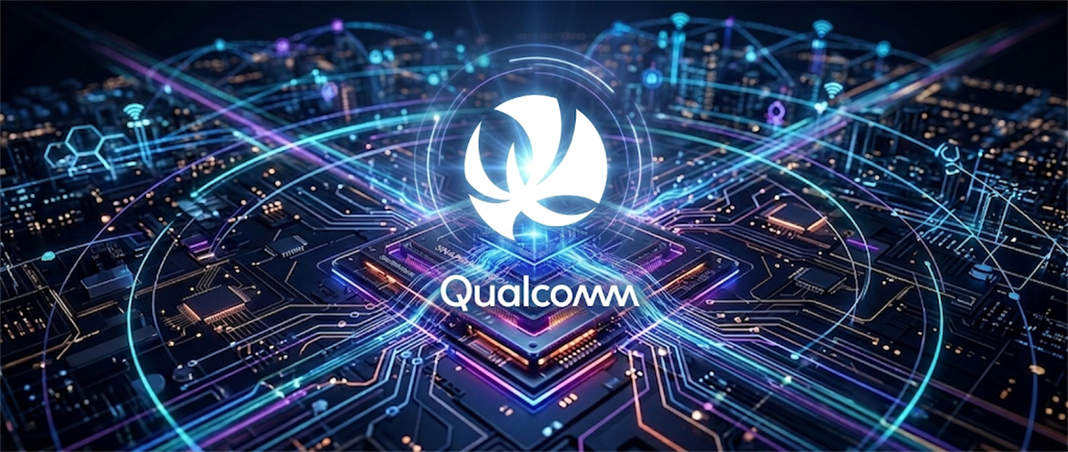 Qualcomm and Dragonfly logos and branded semiconductor chip displayed against a glowing digital circuit board background.