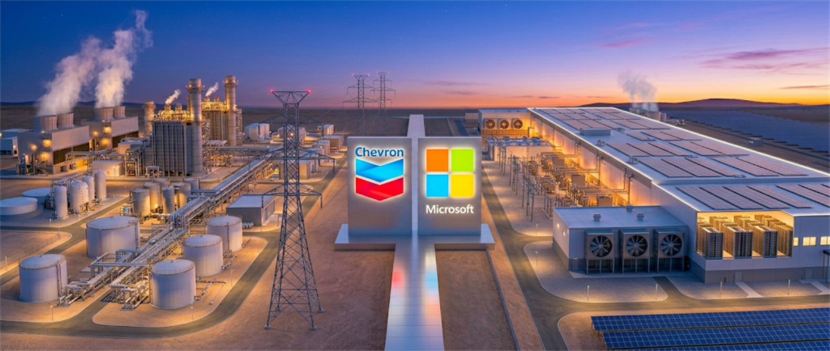Chevron and Microsoft logos displayed in front of an industrial energy facility and data center at dusk.