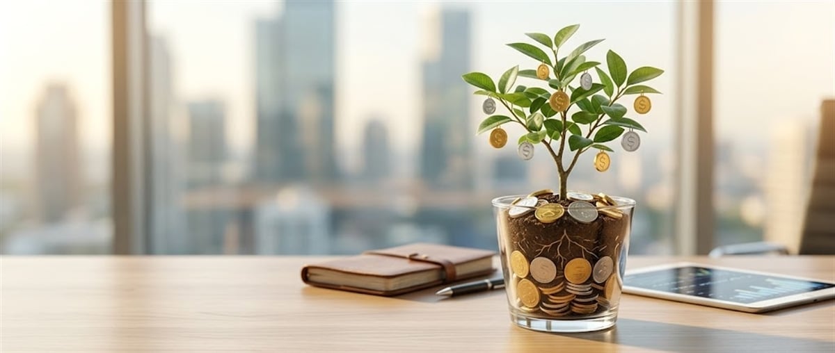 A small tree growing from a glass container filled with coins sits on an office desk.