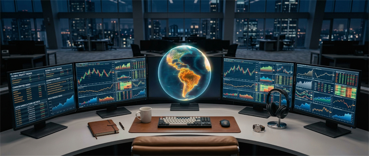 A multi-monitor trading desk displays stock charts and market data alongside a glowing digital globe.