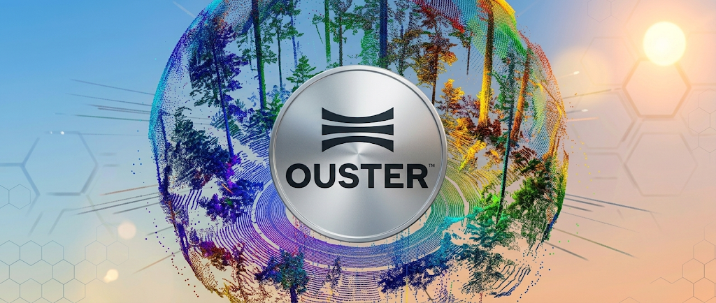 Ouster logo centered on a stylized globe graphic with colorful lidar point-cloud imagery.