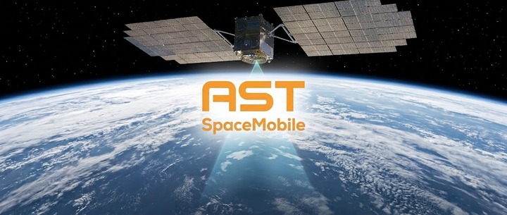 AST SpaceMobile promotional graphic showing a satellite orbiting Earth with the company logo overlaid.
