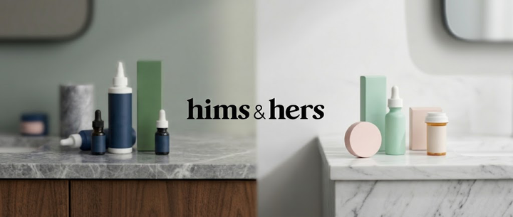 Hims and Hers Health logo displayed alongside branded personal care product bottles on bathroom countertops.