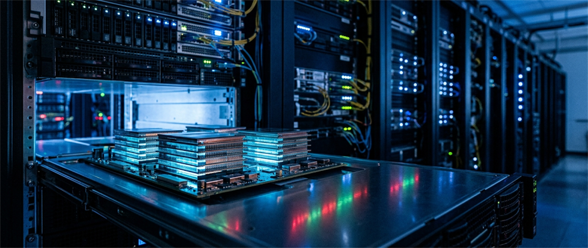 A server rack with an open chassis revealing a stacked computer chip module inside a data center.