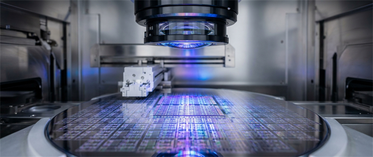 Semiconductor lithography equipment processes a silicon wafer with a chip pattern under a purple light source.